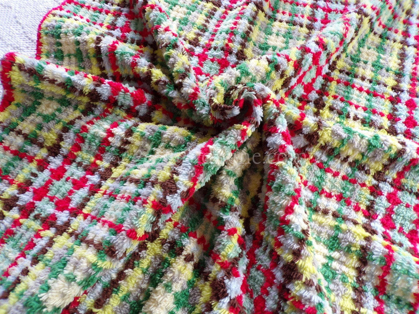 brightly colored vintage chenille fabric in retro rustic plaid design, 20" x 24" inch piece of quilt material for sewing & crafts