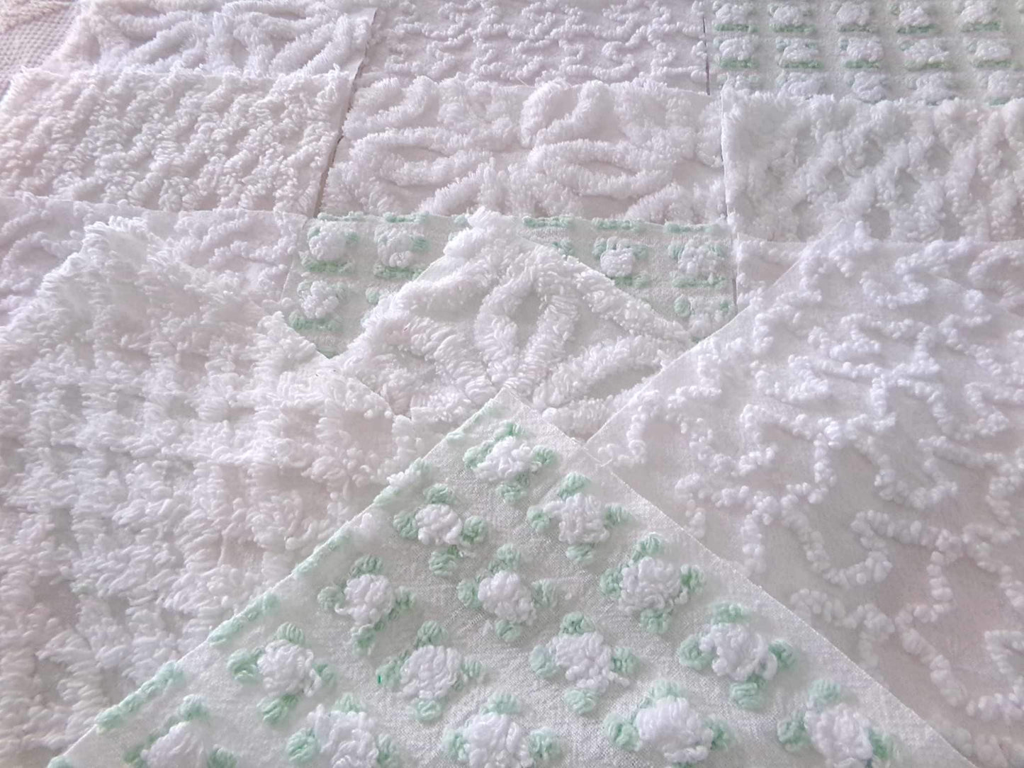 winter rose chenille fabric squares, white rosebud, daisy & geometric mix, vintage craft square set of 16 quilt blocks, 6" x 6" inch