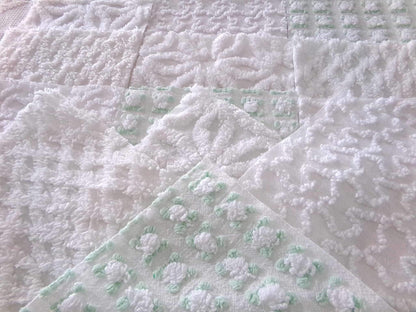 winter rose chenille fabric squares, white rosebud, daisy & geometric mix, vintage craft square set of 16 quilt blocks, 6" x 6" inch