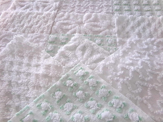 winter rose chenille fabric squares, white rosebud, daisy & geometric mix, vintage craft square set of 16 quilt blocks, 6" x 6" inch