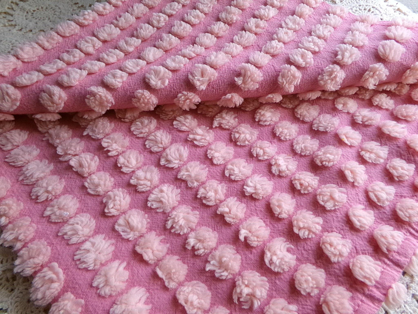 fluffy puff pops chenille fabric, sweet oversize bobbles on pink rose, 20" x 24" inch piece great for chenille quilts & sewing projects