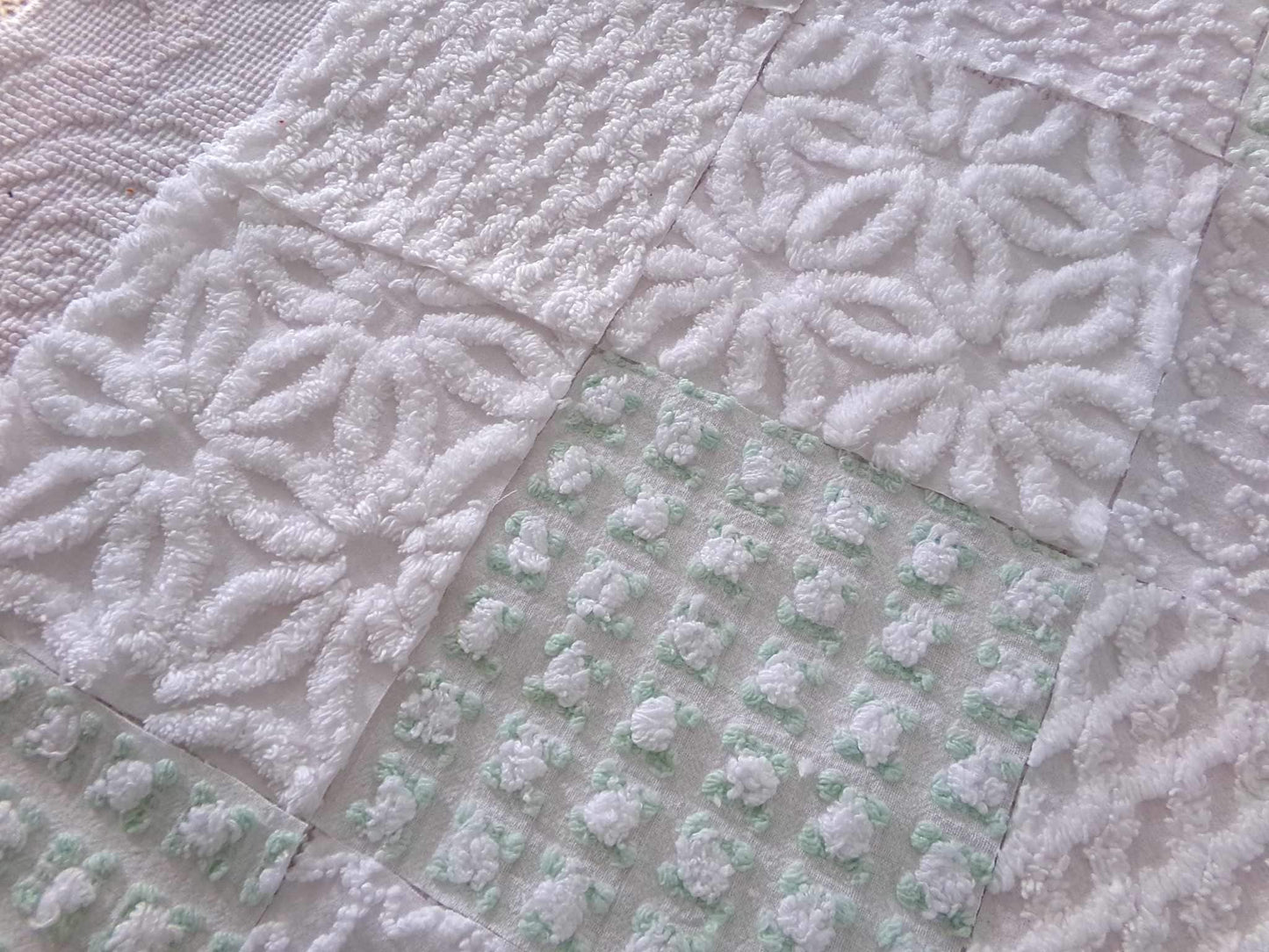 winter rose chenille fabric squares, white rosebud, daisy & geometric mix, vintage craft square set of 16 quilt blocks, 6" x 6" inch