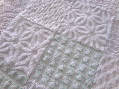 winter rose chenille fabric squares, white rosebud, daisy & geometric mix, vintage craft square set of 16 quilt blocks, 6" x 6" inch