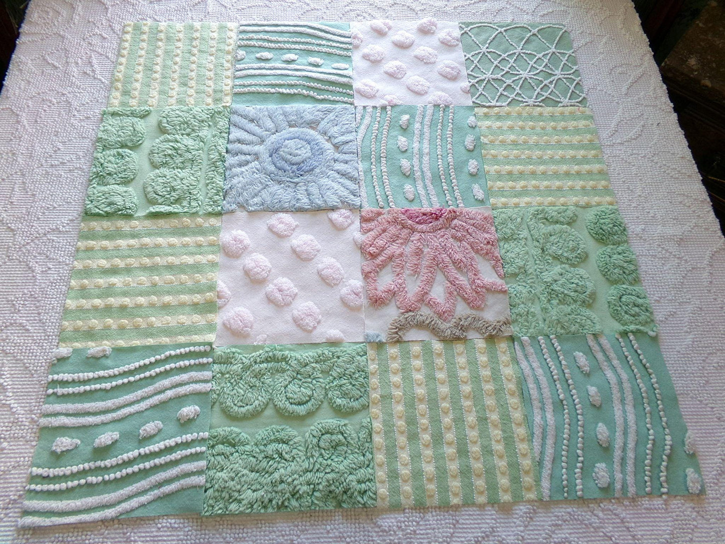 vintage 6" chenille fabric squares, garden path greens, set of 16 lovely craft blocks rotary cut from vintage chenille bedspreads