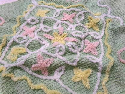 Vintage Chenille Fabric Piece, Mint Green Floral Cottage Chic Quilt Material 24" x 38"