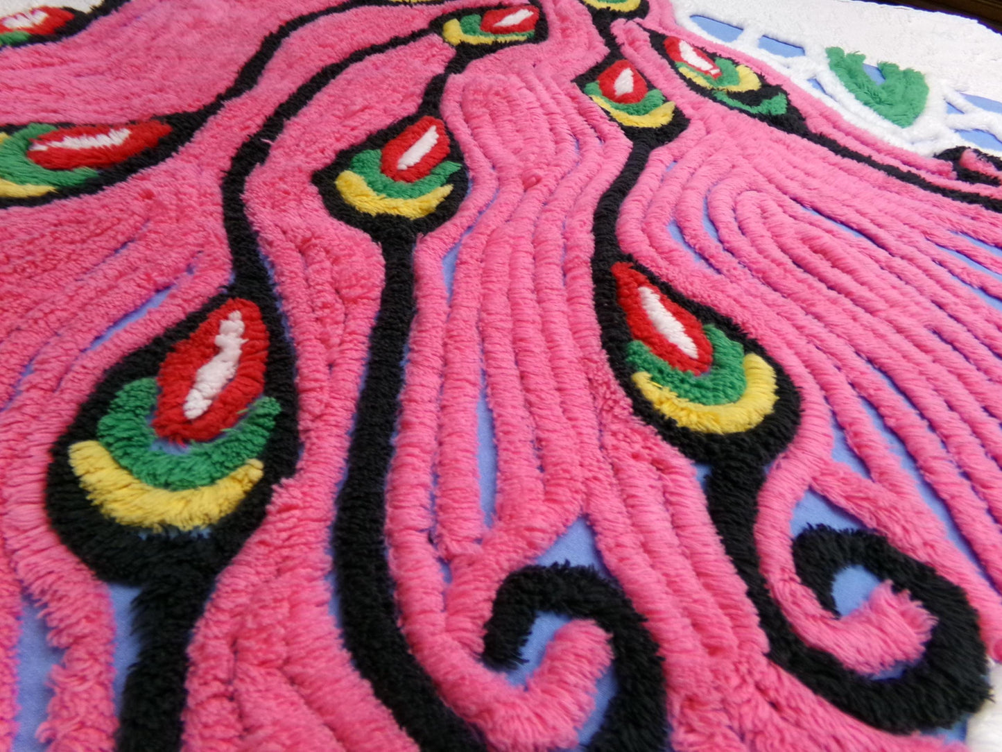Exotic Artsy Vintage Chenille Bedspread Fabric Piece Pink Peacock Feathers, 19" x 24"