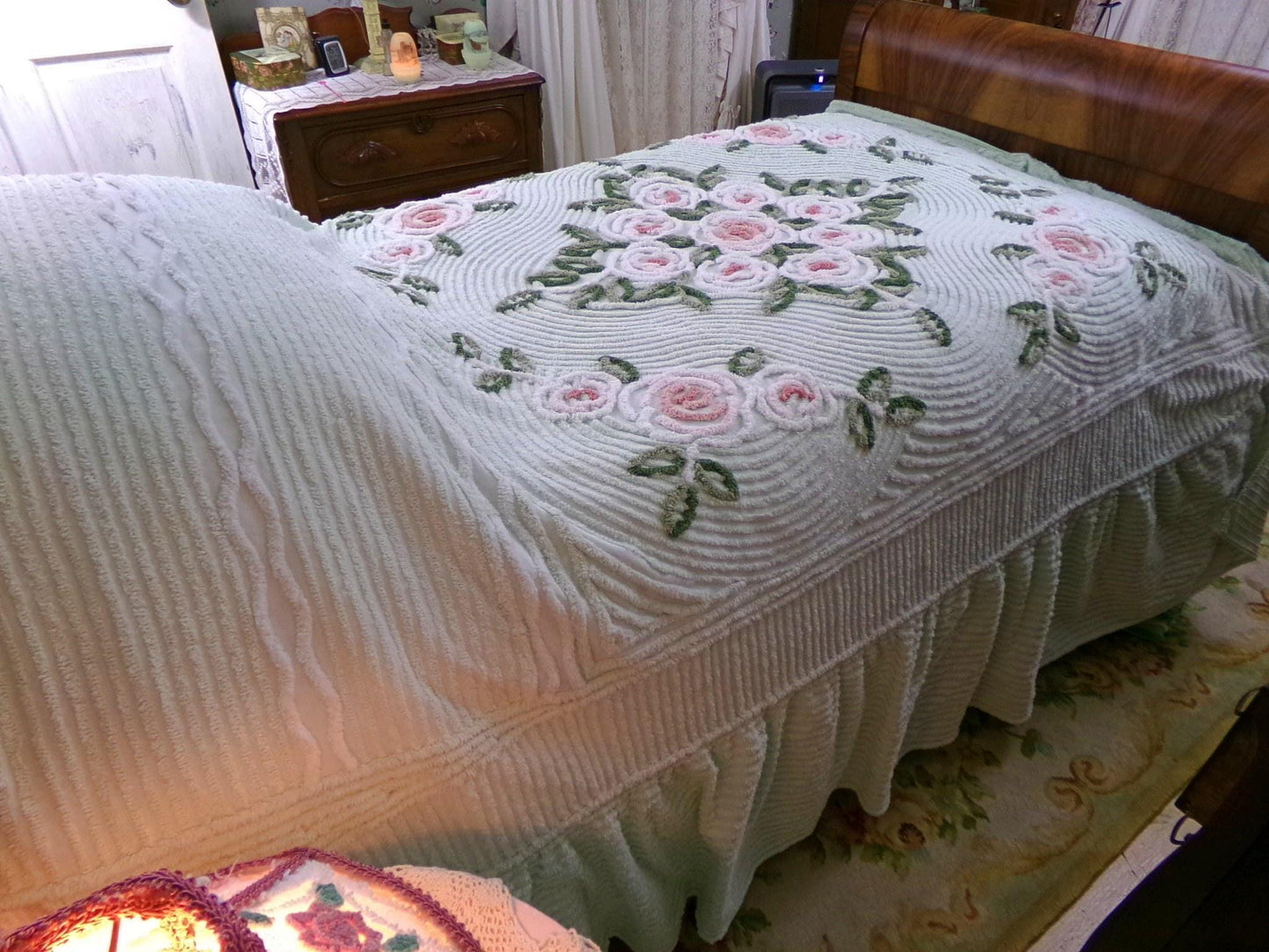 Luxury Vintage Chenille Bedspread, Tufted Cottage Roses on Mint Green, Full Size Boxed & Fitted Design with Integrated Skirt
