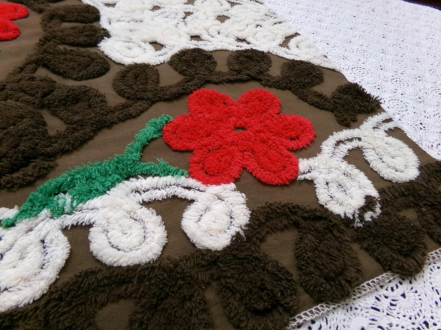 Rich Chocolate Vintage Chenille Bedspread Fabric Cherry Red Flowers 20x24"