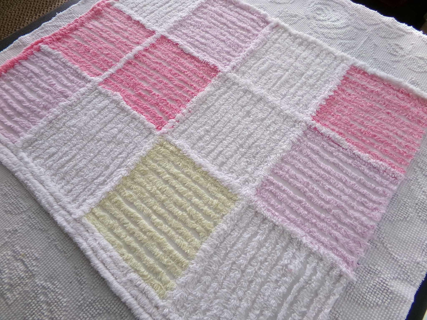 pink & white quilt style vintage chenille fabric, 25" x 20" piece of sewing material for pillows, crafts