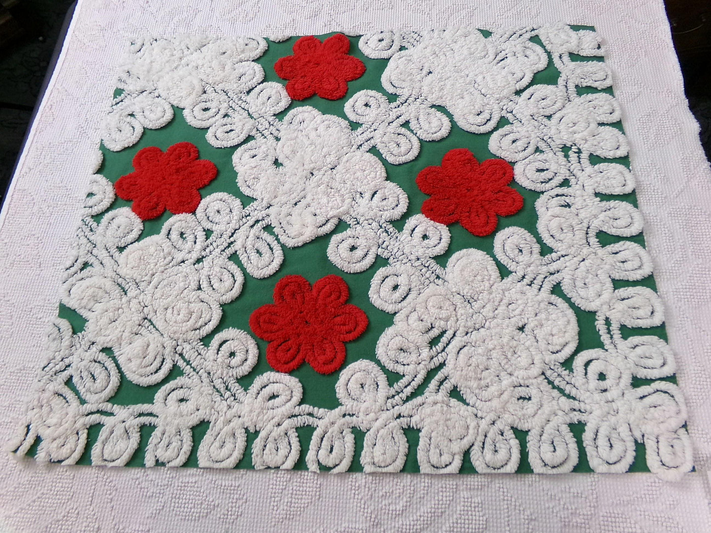 Evergreen Rose Vintage Chenille Fabric, white swirl sewing craft quilt material, 20" x 24" piece