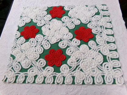 Evergreen Rose Vintage Chenille Fabric, white swirl sewing craft quilt material, 20" x 24" piece