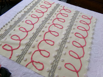 red doodles vintage chenille bedspread fabric, unique quilt & sewing material, 24" x 24" piece