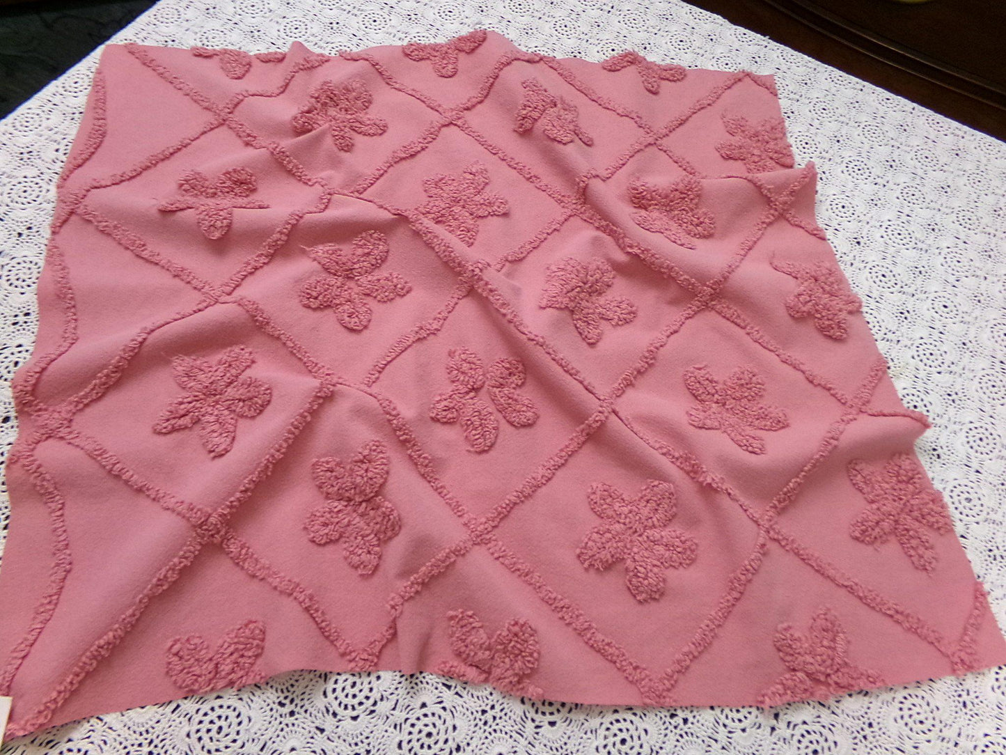 Vintage Chenille Fabric Dusty Rose Pink Tufted Floral Diamond Lattice Pattern 19x23"