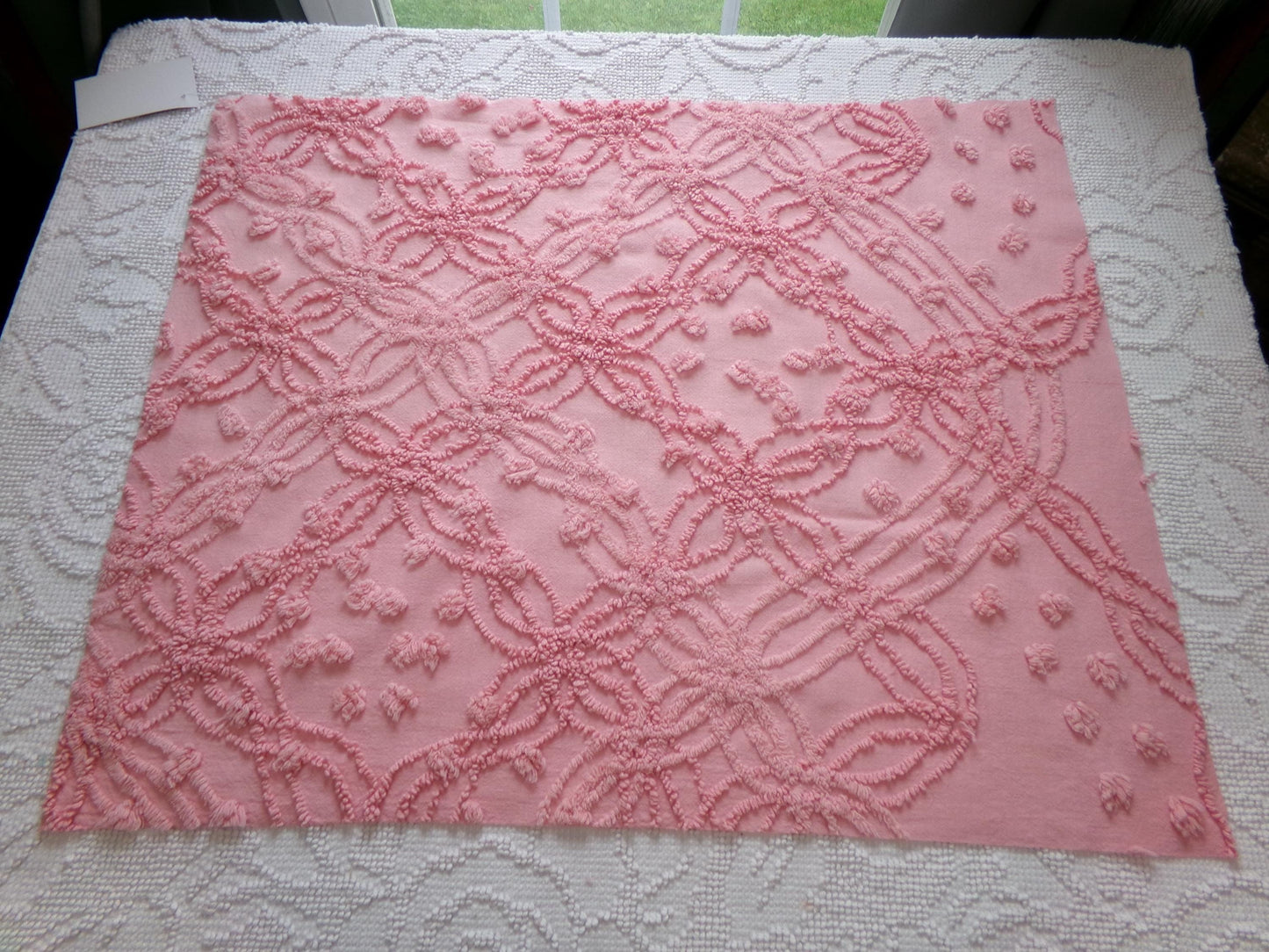 bubblegum pink vintage chenille bedspread fabric, geometric design, 18" x 24"
