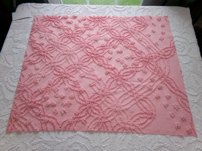 bubblegum pink vintage chenille bedspread fabric, geometric design, 18" x 24"