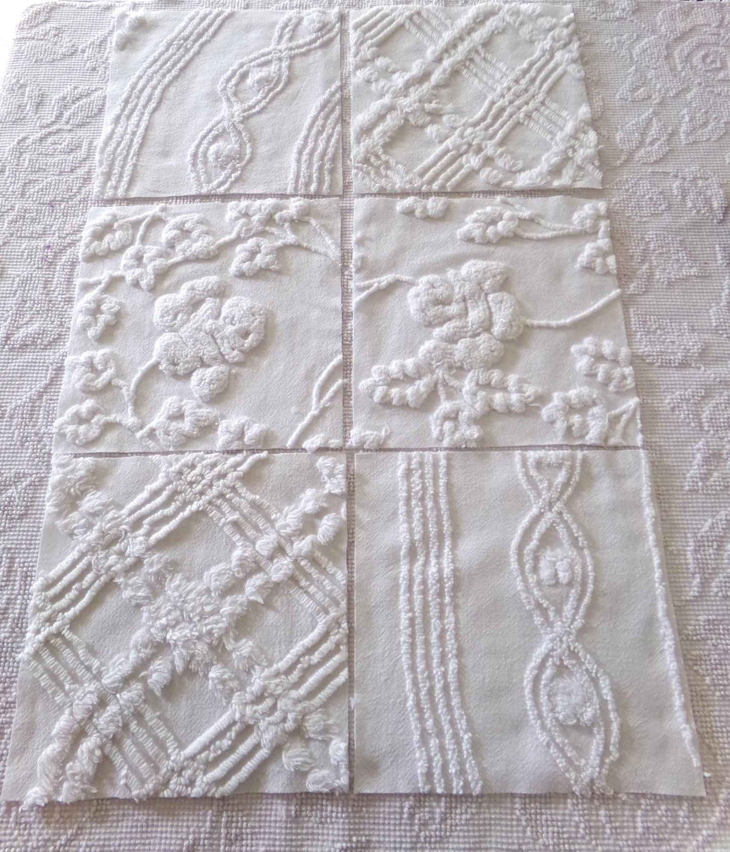 vintage ivy rose chenille fabric squares, 9.5" each, set of 6 white quilt blocks, elegant floral & geometric prints for sewing, crafts