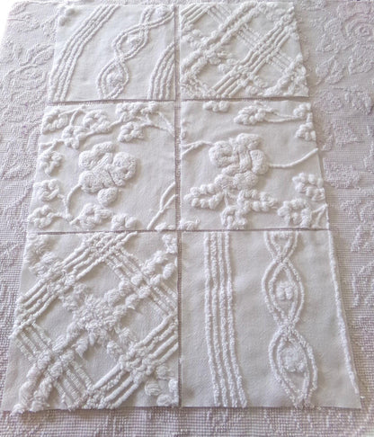 vintage ivy rose chenille fabric squares, 9.5" each, set of 6 white quilt blocks, elegant floral & geometric prints for sewing, crafts