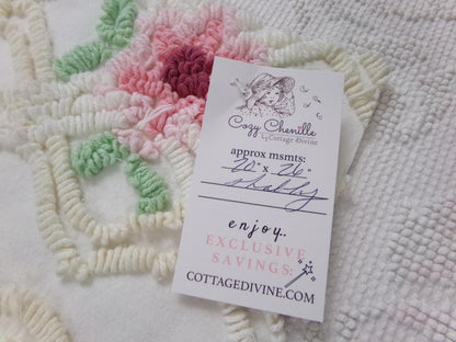 romantic cottage vintage chenille fabric, shabby floral sewing material, 20" x 26" piece