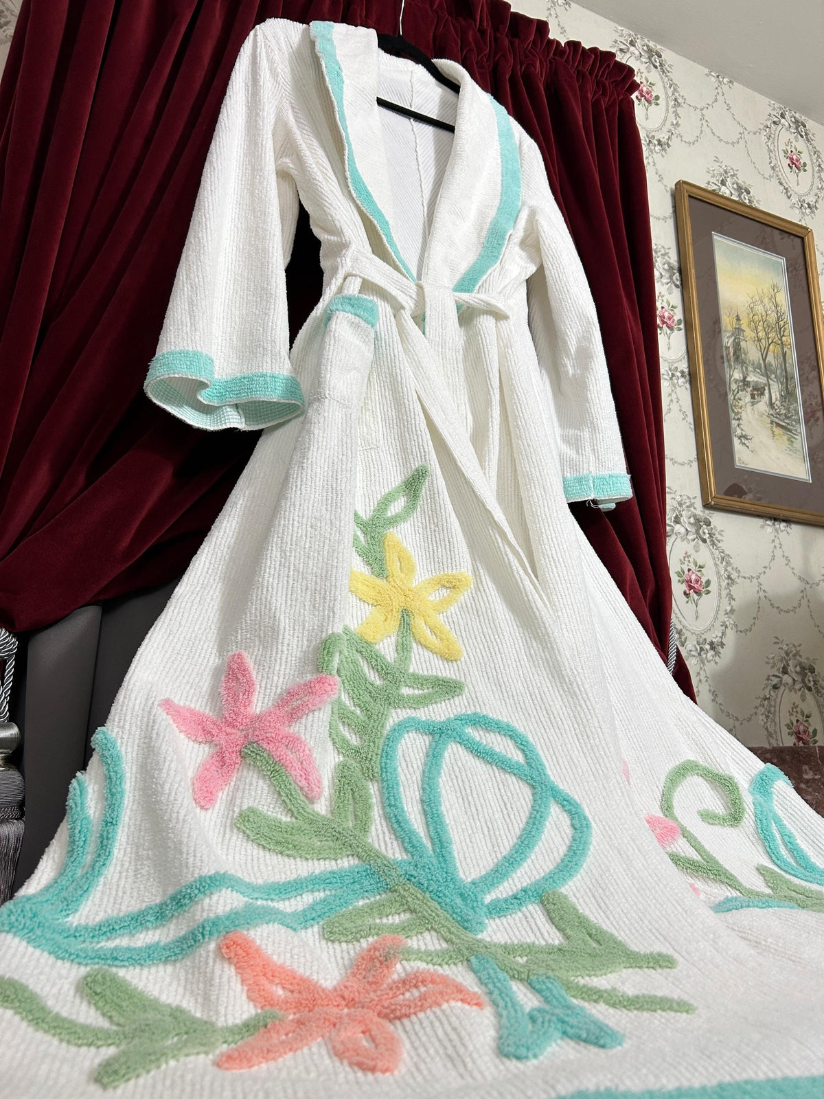 Vintage Chenille Robe White with Aqua Floral Tufting, Full Length Women’s S Bathrobe