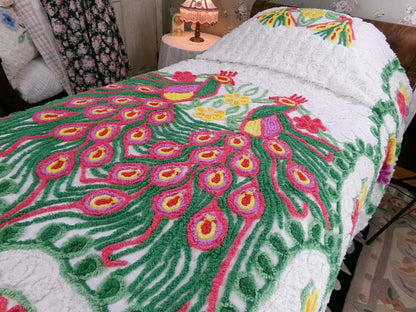 Peacock Vintage Chenille Bedspread, Full Sz Pink & Green Lovebirds, Rainbow Hearts