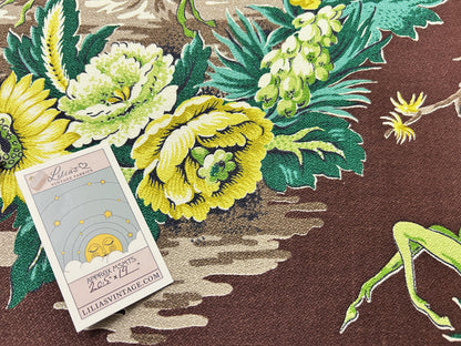 Vintage Barkcloth Fabric – Leaping Gazelles & Flowers, Brown, 20.5 x 19 in Cut Piece