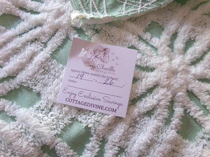 mint green vintage chenille fabric, plush white spider tufting, 19" x 26" piece of quilt material for arts & crafts