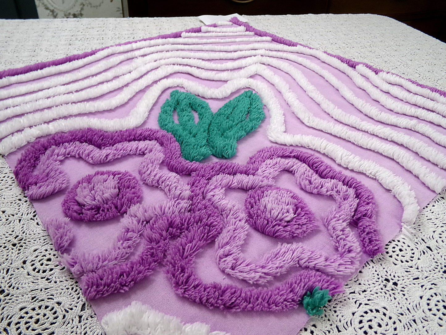 Lilac Vintage Chenille Fabric 17 x 18" Floral Swirl Piece for pillows, crafts