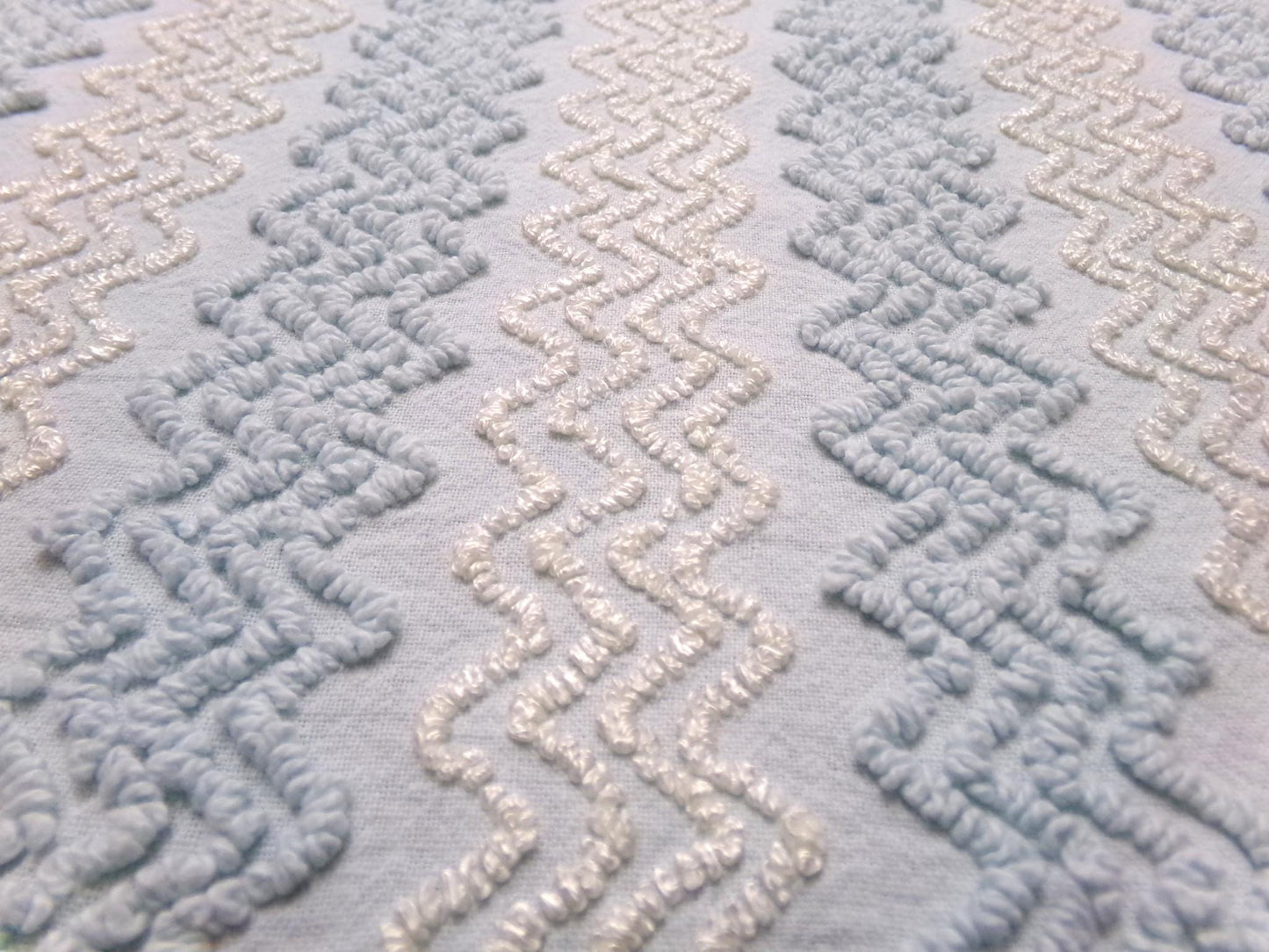 pastel blue & white vintage chenille fabric 23" x 20" gentle zig zag texture quilting material