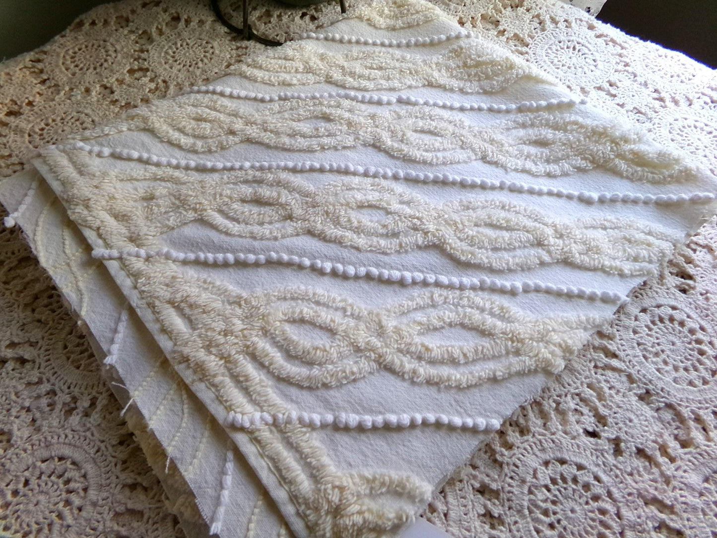 elegant infinity tuft vintage chenille fabric with little pearl pops in warm buttercream, 20" x 22" inch piece of sewing material