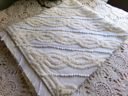 elegant infinity tuft vintage chenille fabric with little pearl pops in warm buttercream, 20" x 22" inch piece of sewing material