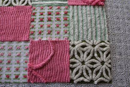 boho daisy rose vintage 6" chenille fabric squares, set of 16 textured quilt blocks in olive green, rosy pinks & white for sewing, crafts