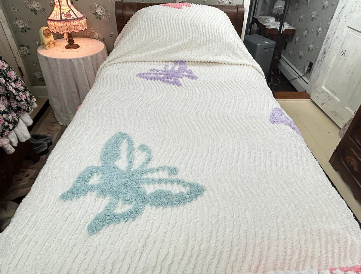 Butterfly Chenille Bedspread, Y2K Vintage Style Whimsy Butterflies, Full Queen Size