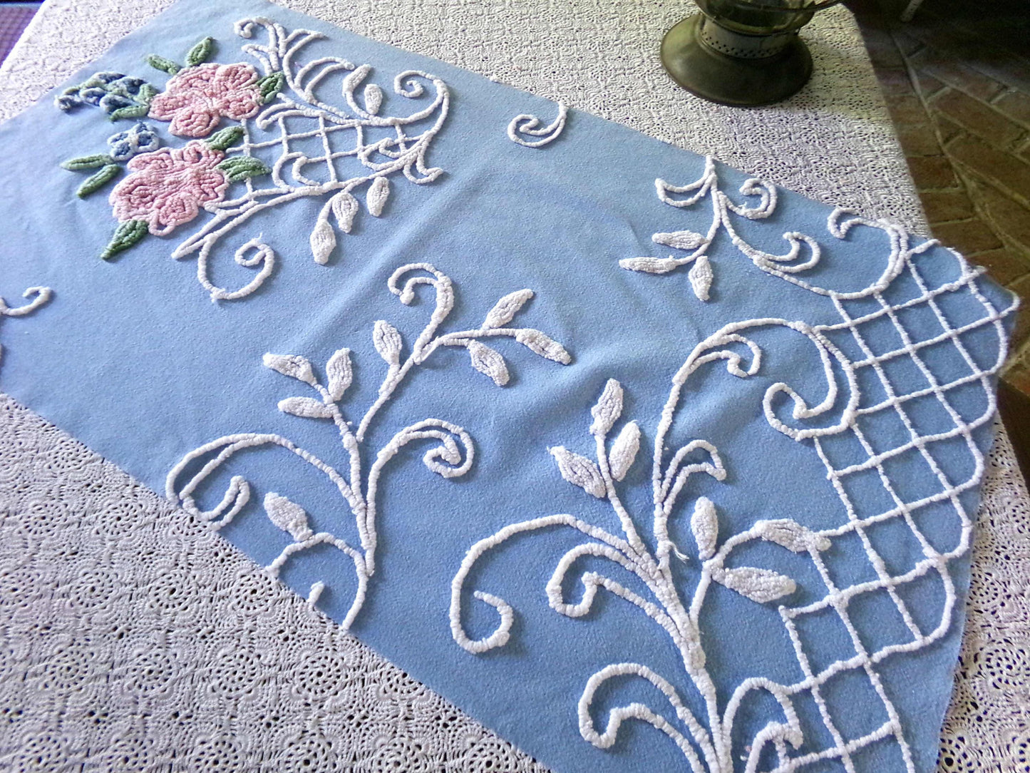 divine pink rose vintage chenille fabric, 17.5" x 32" inch piece, White Trellis & Scrollwork on Sky Blue Cotton, for Quilts, Pillows