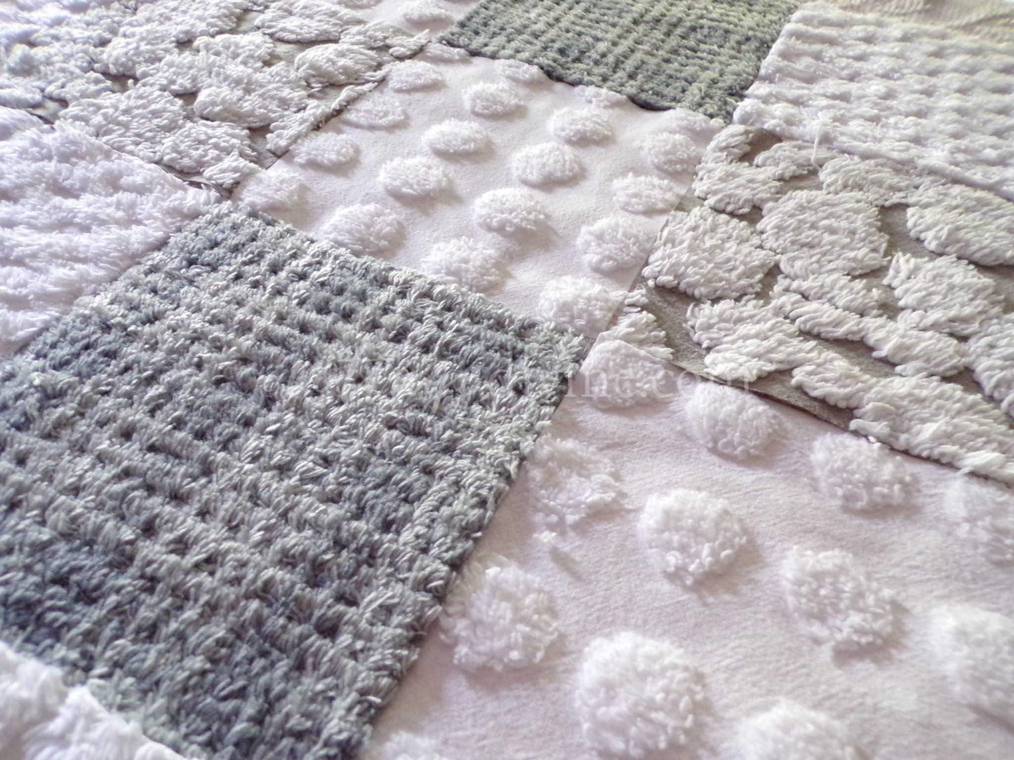 Gender Neutral Chenille Fabric Squares Set from Vintage Bedspread Fabrics, 16 Quilt Blocks, 6" inch, Modern Grey & White