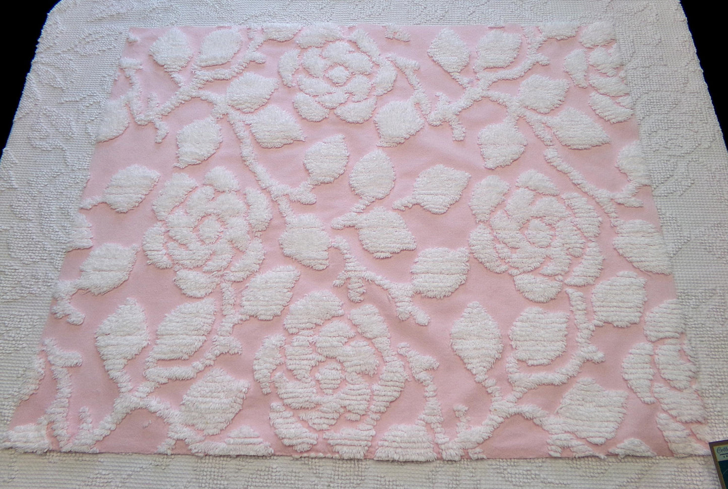 sculpted rose pink vintage chenille fabric, stylized roses cottage chic sewing material, 24" x 20" piece