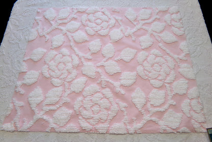 sculpted rose pink vintage chenille fabric, stylized roses cottage chic sewing material, 24" x 20" piece