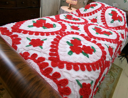 Vintage Chenille Bedspread - Red & White Hearts - Romantic Shabby Chic Cottage Decor - Full Size Bedding