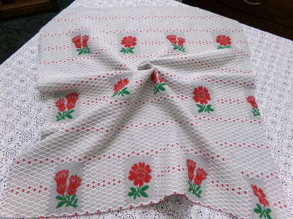 Vintage Woven Fabric, Steel Grey Red Floral Lattice Reversible Cut Piece 24" x 27"