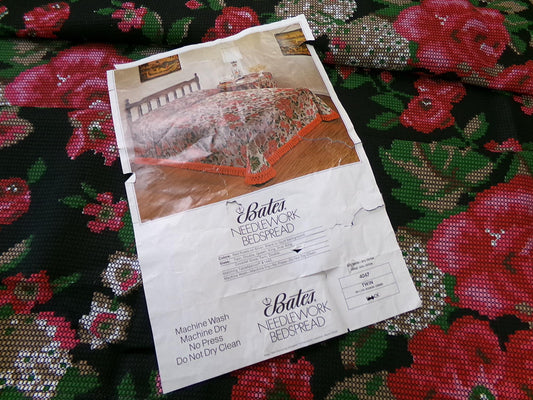 Vintage Bates Bedspread NOS Twin Size Gothic Needlework Red Roses on Black