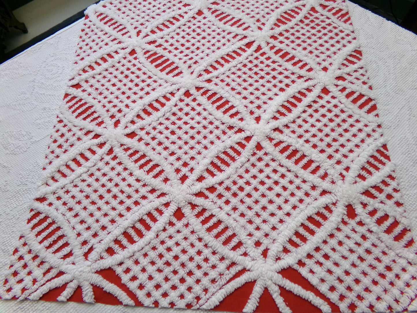 red & white vintage chenille fabric, geometric design 20" x 24" piece quilt material