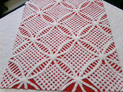 red & white vintage chenille fabric, geometric design 20" x 24" piece quilt material