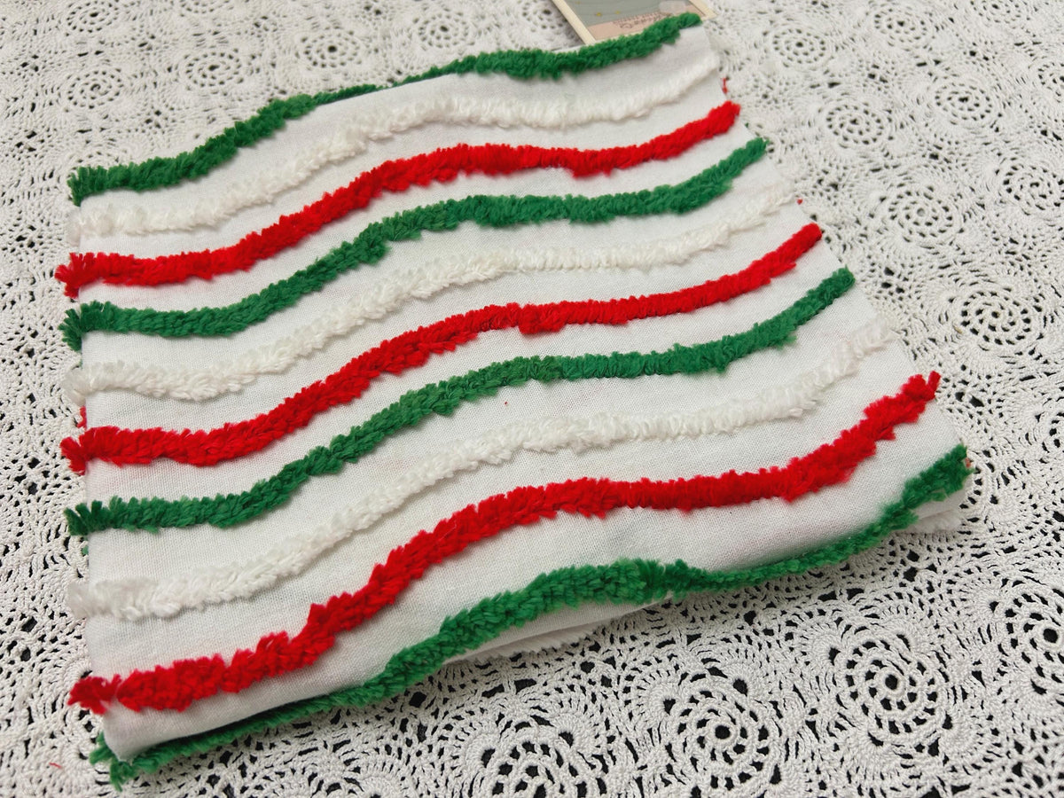 Vintage Christmas Chenille Fabric, Red, Green & White Ripple Stripe 16x27"