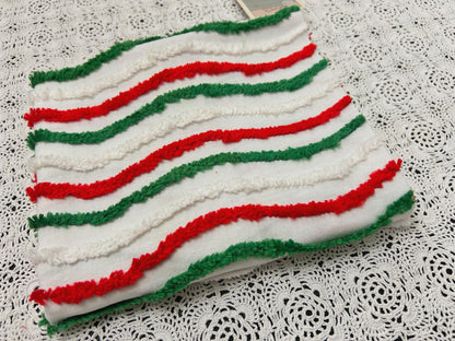 Vintage Christmas Chenille Fabric, Red, Green & White Ripple Stripe 16x27"