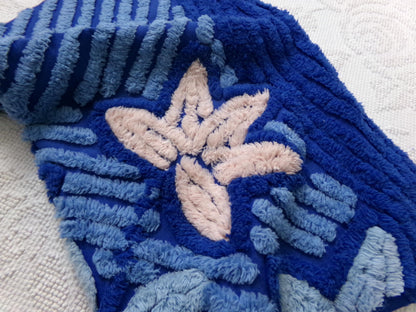 mystical blue vintage chenille bedspread fabric, plush lux star lily florals, 18" x 22" piece