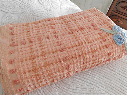 cozy plush plaid vintage chenille bedspread, blue roses on peach geometric design, full size cotton bedding