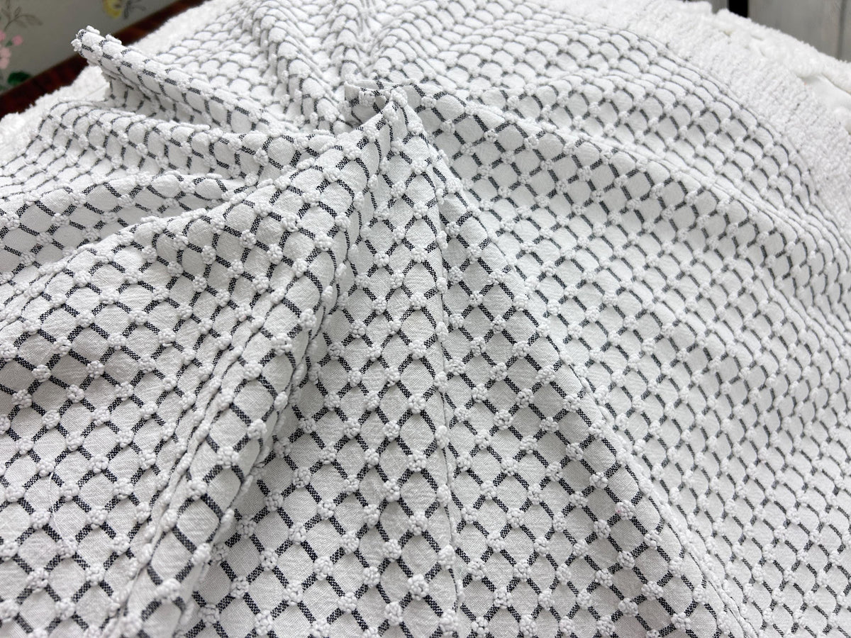 Black & White Vintage Chenille Fabric, Micro Grid Pops, Shaggy Edge Trim 20x20"