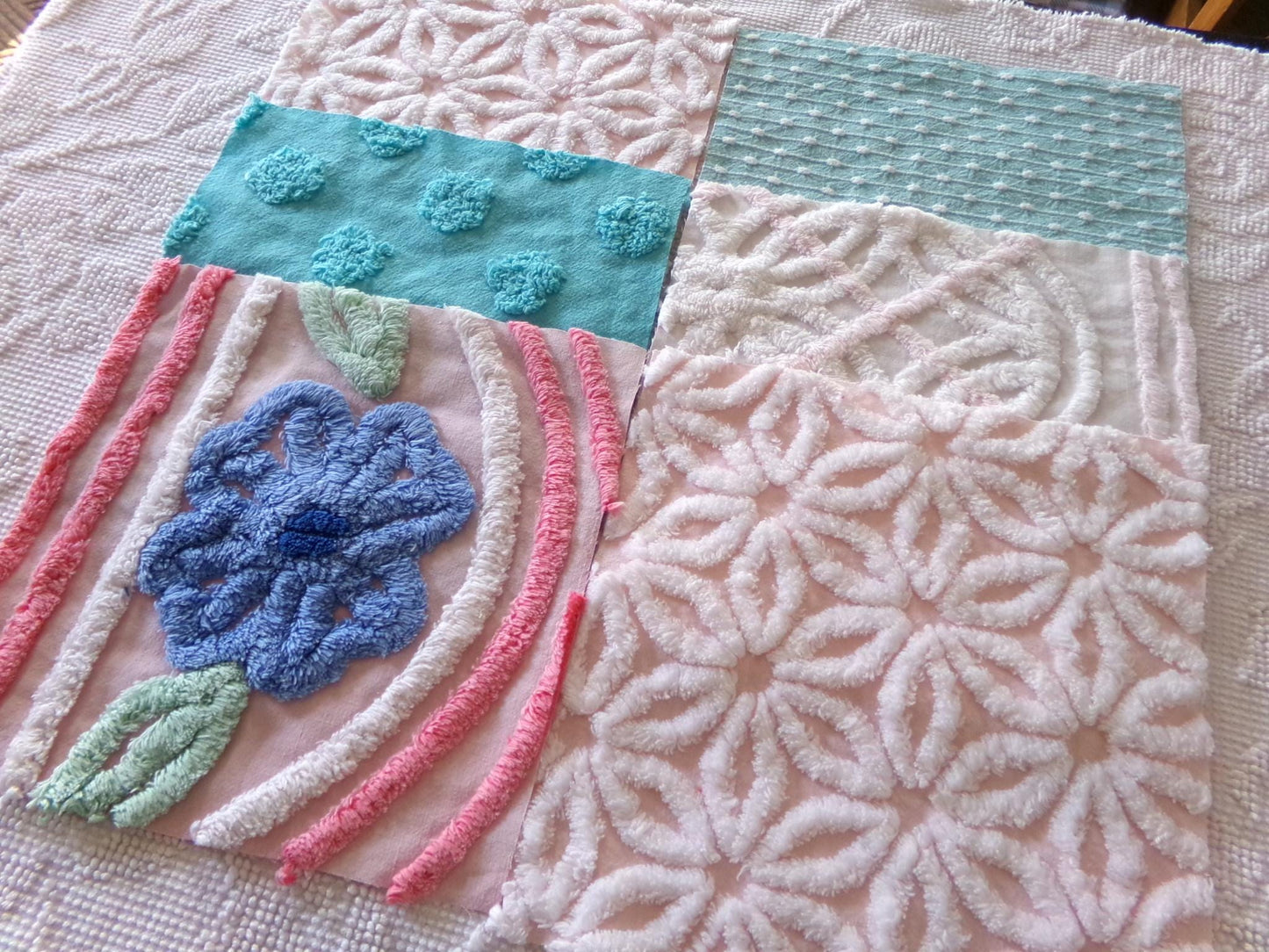 chenille fabric squares, set of 6 large 9.5" square quilt blocks from vintage chenille bedspreads, pretty daisy, plush floral, dots