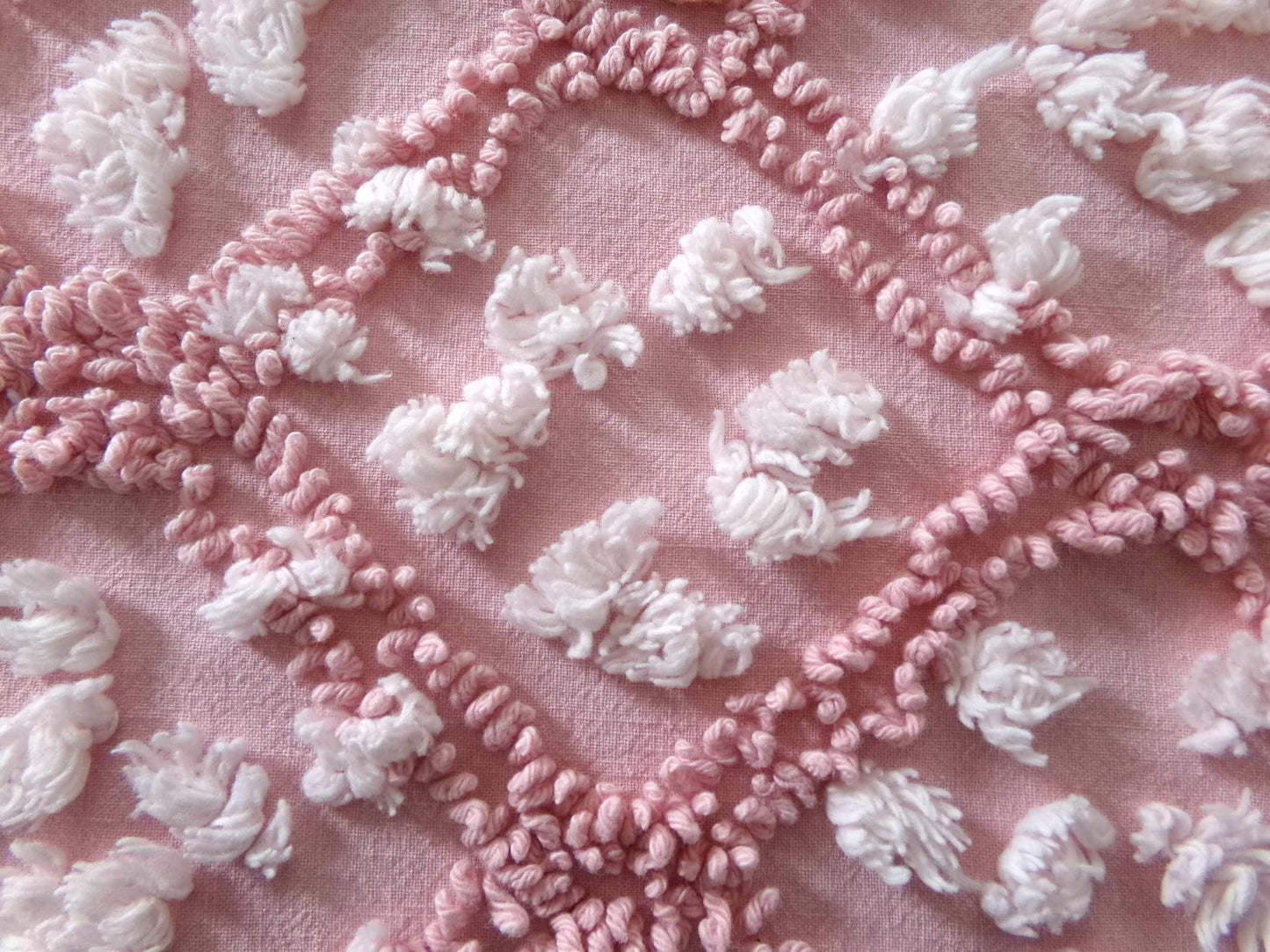 rose pink vintage chenille fabric, tumbling block mauve & white geometric design, 28" x 22" piece sewing material