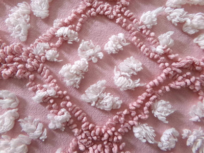 rose pink vintage chenille fabric, tumbling block mauve & white geometric design, 28" x 22" piece sewing material