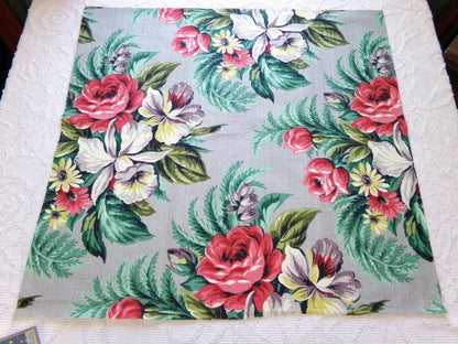 Botanical Vintage Barkcloth Fabric, Tropical Exotic Floral Print on Silvery Grey, 22" x 23" inches, Ideal Fabric Piece for Pillows